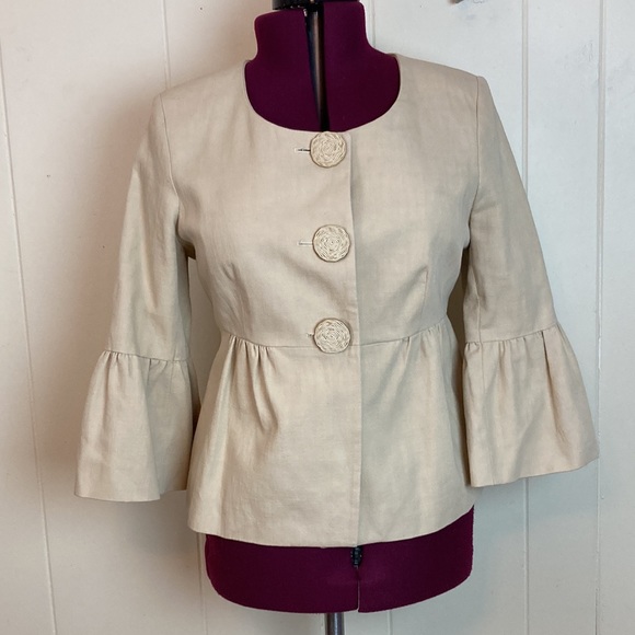LK Bennet Linen Ruffle Blazer 10 Lightweight Party Jacket Khaki Tan - Picture 1 of 7